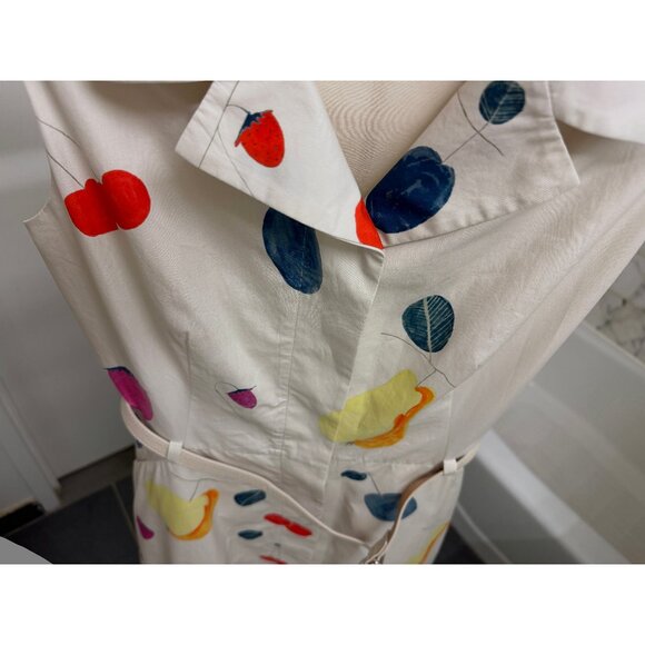 Akris Fruit Print Shirt Dress Cotton Beige Gray Greige Rainbow Colorful Belted 6 - Picture 15 of 16